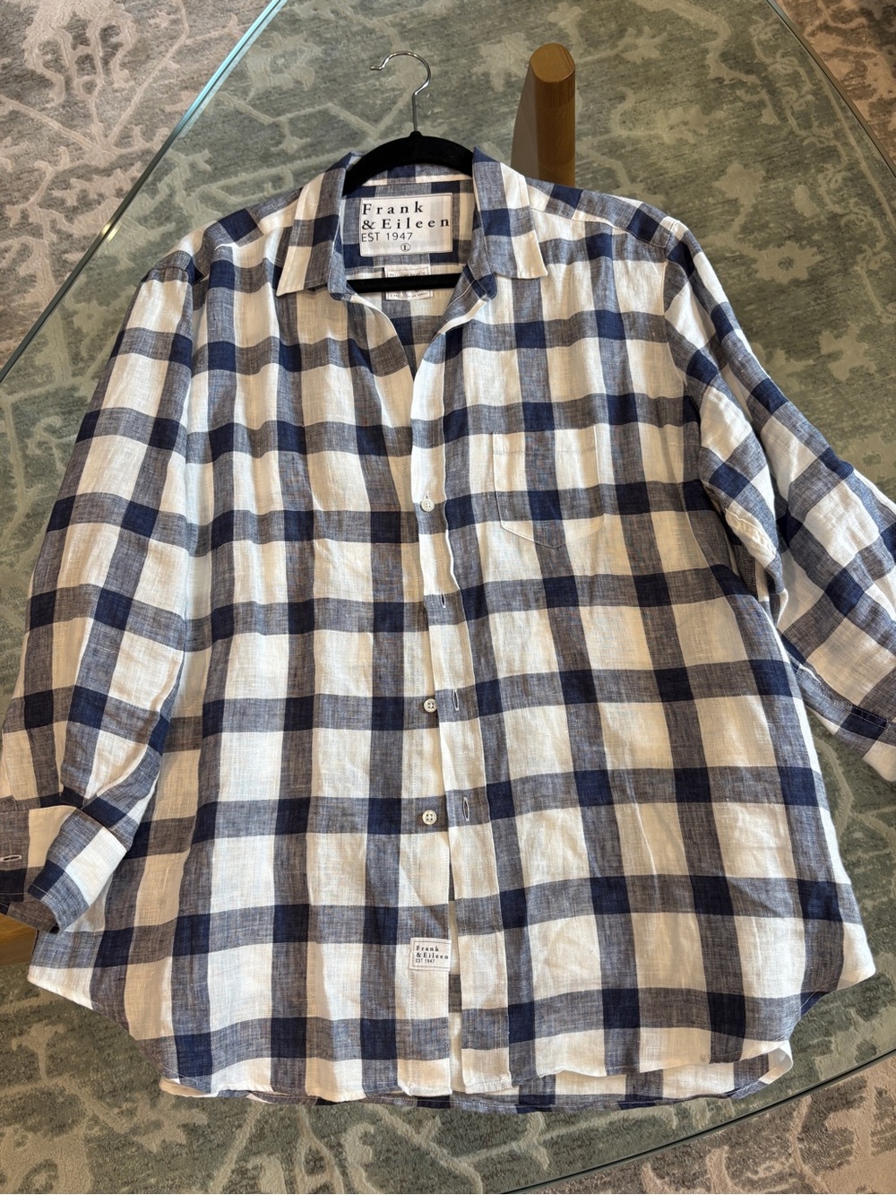 Frank & Eileen “Eileen” 100% Linen Button-Down — Navy & White Check, Size L - Picture 2 of 6